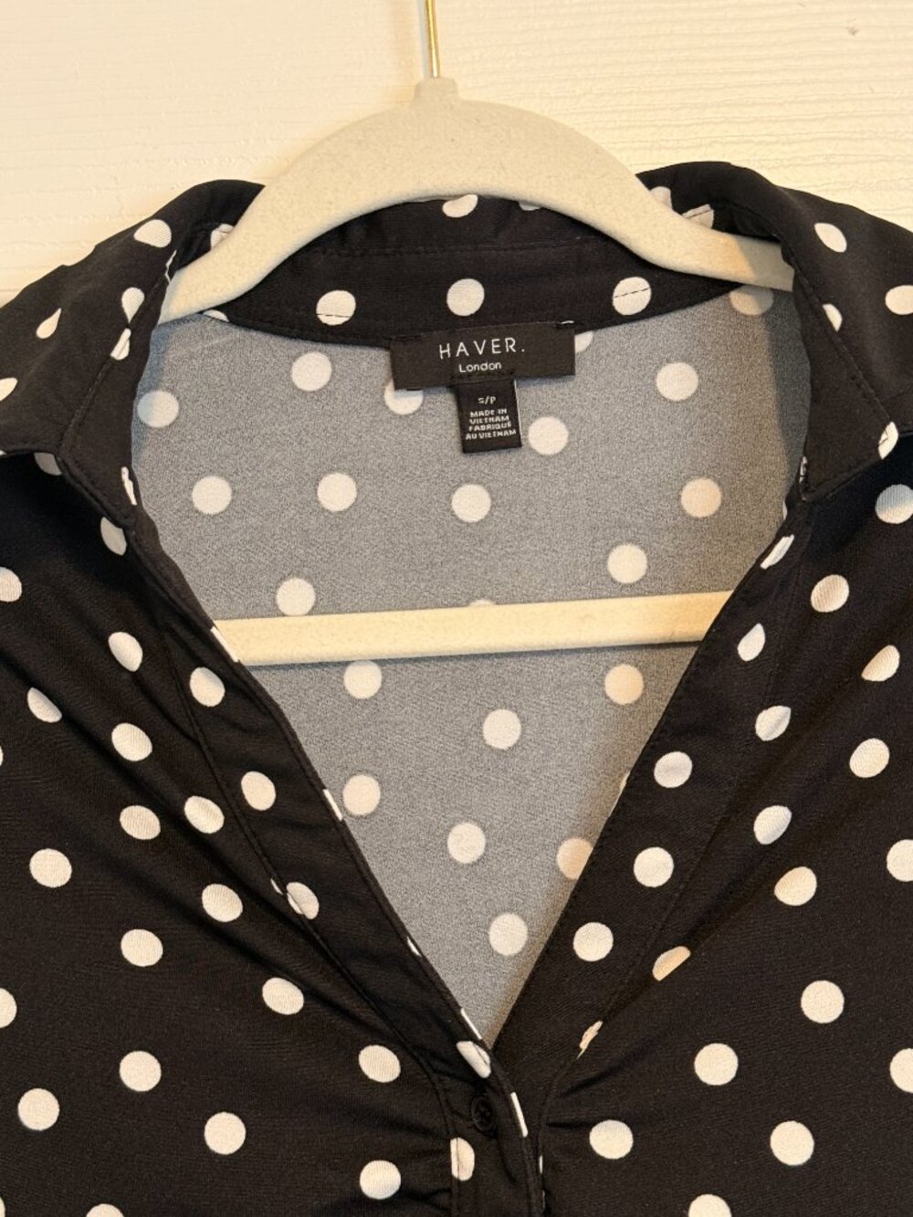 Haver London Black White Polka Dot Ruched Front Stretch Button Up Shirt S - Picture 3 of 6